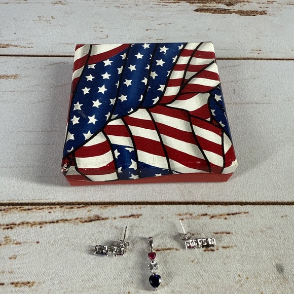 925 Sterling Silver Pendant & Earrings Lab-Grown Ruby, White, Blue - Picture 1 of 5